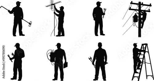 Electrician worker silhouette collection repairing power lines installing antennas and electrical equipment vector illustration set isolated on white background for construction and energy industry