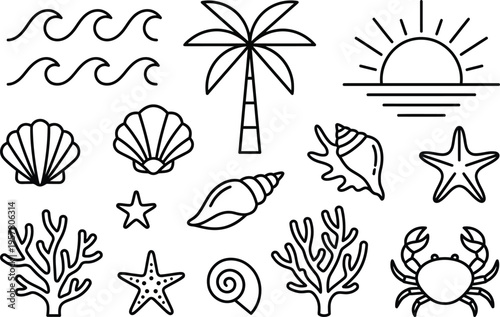 Collection of Line Art Icons Representing Beach and Ocean Elements
