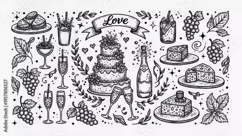 Wedding Celebration Cake Champagne Toast Love Banner Wreath Hand Drawn Doodle