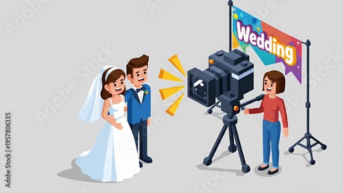 Wedding Couple Poses For Photographer Camera In Studio With Banner