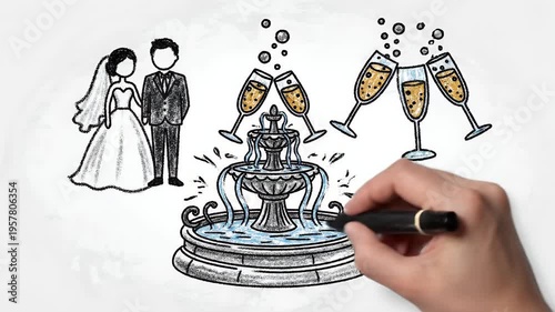 Wedding Fountain And Couple Toasting Champagne Celebration Elements