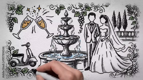 Wedding Toast Fountain Couple Celebration Champagne Glasses Scooter Animated Doodle