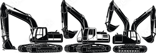 Excavator silhouettes and technical sketches set featuring heavy machinery for earthmoving, construction site development, civil engineering, and industrial building projects on white background.