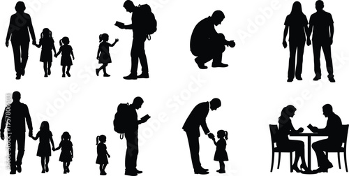 Family silhouettes collection showing parents, children and daily interactions in black vector style isolated on white background for parenting, relationship and lifestyle concept design