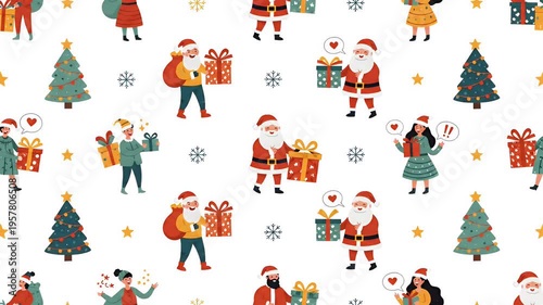 Whimsical Christmas Santa Claus Gift Giving Festive Trees Pattern Loop Animation