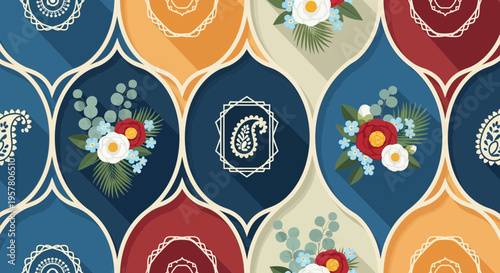 Decorative floral pattern design in vibrant colors with repeating elements