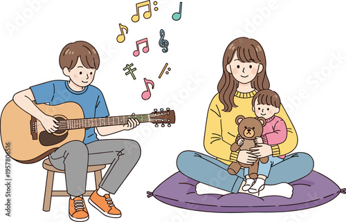 Father playing guitar while mother and child listening to music family bonding moment vector illustration isolated on white background parenting love and home lifestyle