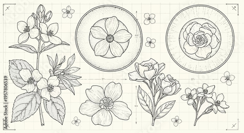 Detailed botanical illustration of various flowers and plant elements