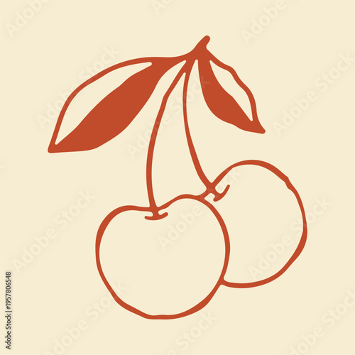 Vector illustration of two cherries joined by a single stem with a leaf. Hand drawn red line art icon of fresh summer berries for juice packaging and dessert menu design