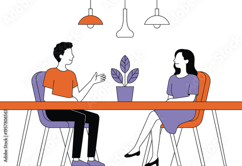 Flat vector illustration of a young man and woman sitting at a table talking together in a cafe or dining room with pendant lights.