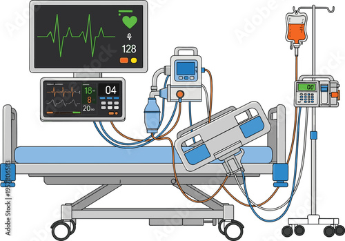 Flat vector illustration of a modern intensive care unit hospital bed equipped with a digital heart rate monitor ventilator and intravenous infusion pump system.