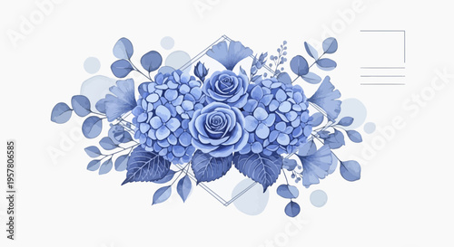 Elegant blue floral arrangement with hydrangea and rose elements on white backdrop