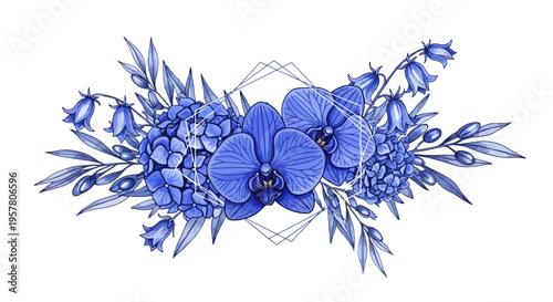 Elegant blue floral arrangement with orchids hydrangeas and bellflowers illustration