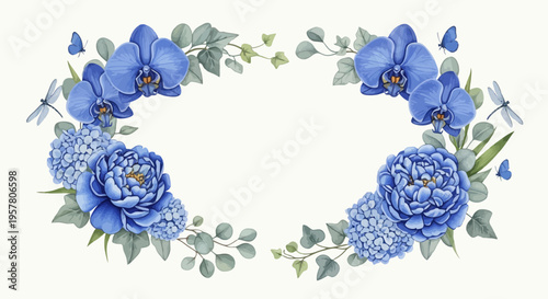 Elegant blue floral arrangement with orchids peonies and butterflies design