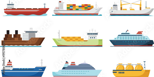 Flat Vector Illustration Set of Cargo Ships Container Vessels Cruise Liners and Oil Tankers Isolated on White Background for Global Logistics and Shipping