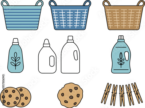 Flat Vector Illustration Set of Laundry Icons Featuring Plastic Baskets Liquid Detergent Bottles Wooden Clothespins and Chocolate Chip Cookies Isolated on White Background for Housework