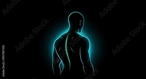 Human body silhouette with glowing spine against black background