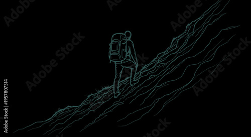 Hiker ascending mountain slope silhouette against black background
