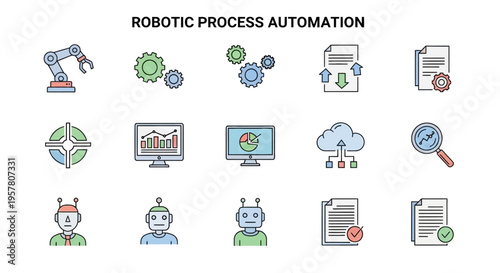 Robotic process automation software icon set.