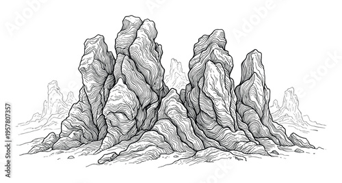 Abstract rock formations with wavy textures, a monochrome line art drawing illustrating natural stone structures