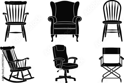 Furniture icons set featuring black and white silhouettes of an armchair office chair rocking chair director chair and wooden dining chairs for interior design.