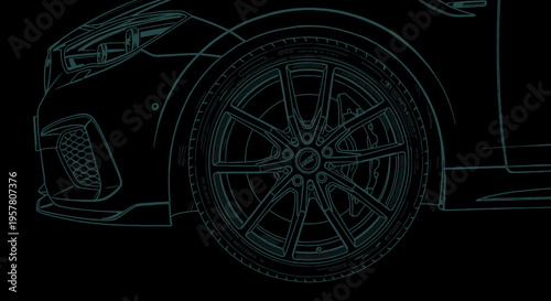 Modern automobile wheel and tire close up silhouette on black background
