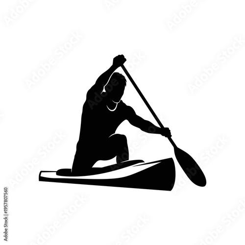 Silhouette of a person kayaking on water.