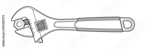 Adjustable wrench with nut on transparent background, outline drawing tool for repair