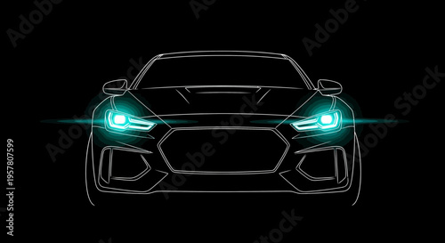 Modern car front view with glowing headlights on black background