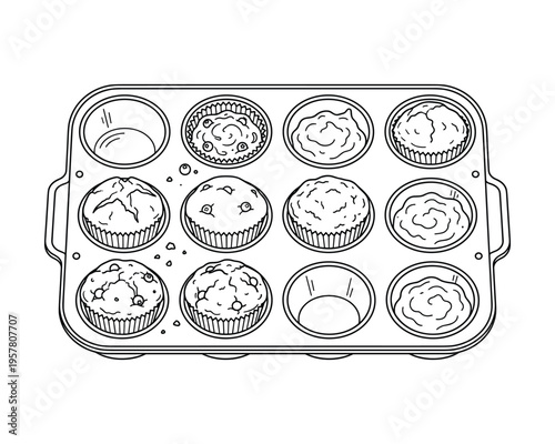 Baking tray with muffins and empty slots for baking desserts or cupcakes