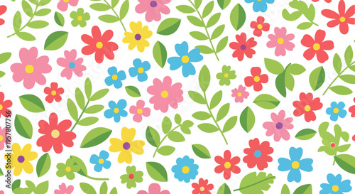 Colorful floral pattern with assorted flowers and leaves design