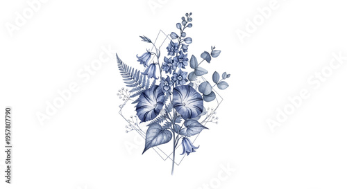 Elegant botanical illustration of delicate blue flowers and greenery on white