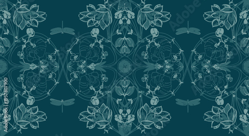 Elegant botanical pattern design with dragonfly motifs and symmetrical layout