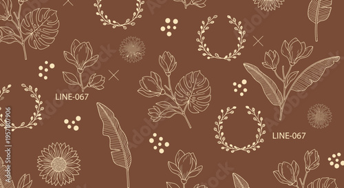 Elegant botanical pattern design with floral elements and neutral tones
