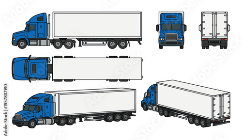 Blue semi truck with white trailer flat icons displaying multiple perspective views for logistics and transport industries