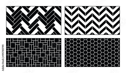 Black patterns of parquet, wood floor, and honeycomb texture set. seamless repeating design in various styles.