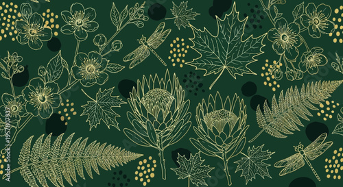 Elegant botanical pattern floral and leaf designs on deep green background