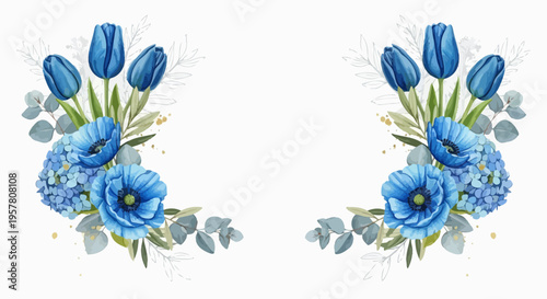 Elegant floral arrangement featuring vibrant blue tulips and anemones isolated