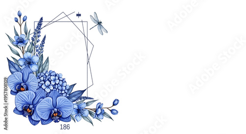 Elegant floral arrangement featuring blue orchids and geometric frame for design