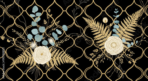 Elegant floral arrangement illustration on a black trellis backdrop decorative design