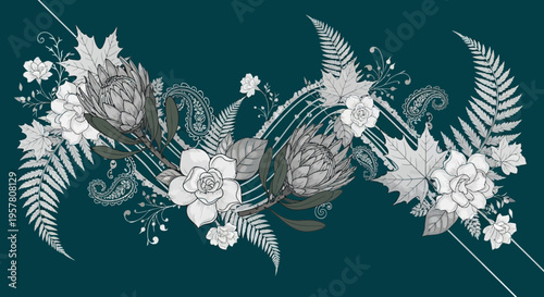 Elegant floral arrangement illustration on a teal background graphic design