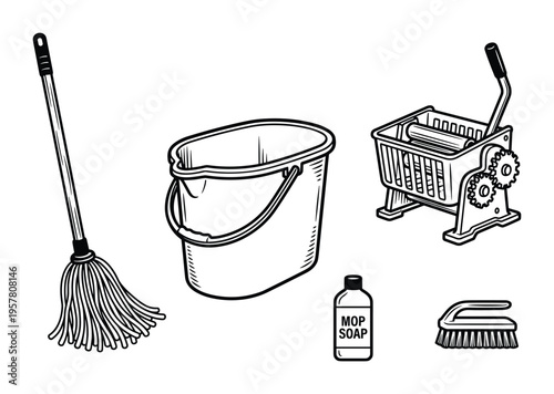 Cleaning supplies including a mop bucket soap brush and mop cart illustration