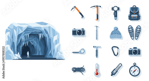 Climbing equipment and ice cave entrance.