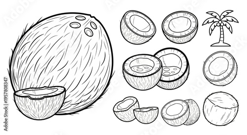 Coconut and coconut pieces illustration.