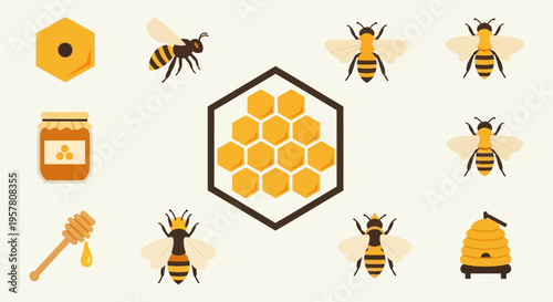 Collection of bees and honey icons.