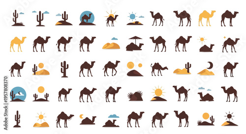 Collection of camel silhouettes icons.