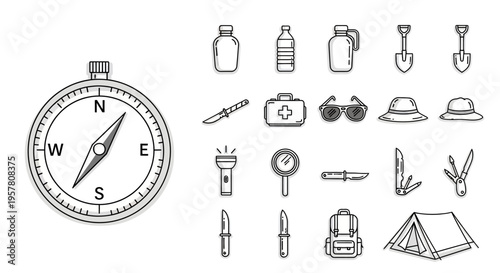 Collection of camping and hiking equipment.