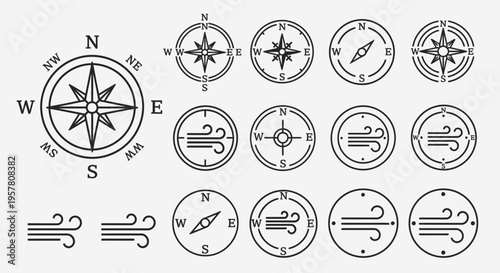 Collection of compass navigation symbols.