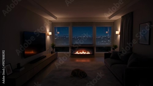 Dog lying on living room floor.