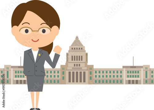 国会議事堂の前に立つ女性政治家のイメージイラスト